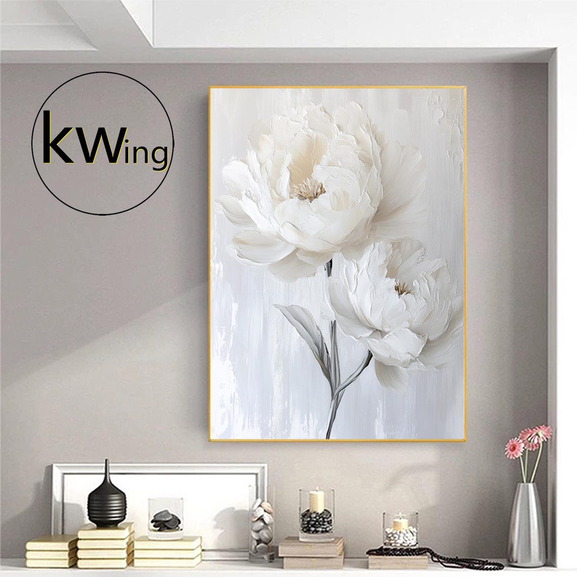 White Peony Blossom 3D Texture Painting Elegant Floral Wall Art Poster - Image 2