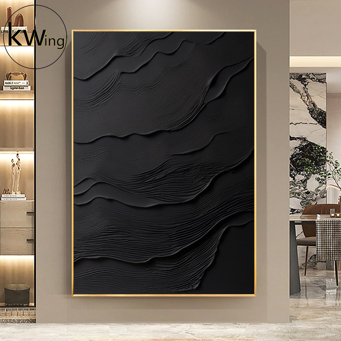 Black Layered Wave 3D Texture Abstract Painting Dark Minimalist Poster - Image 2