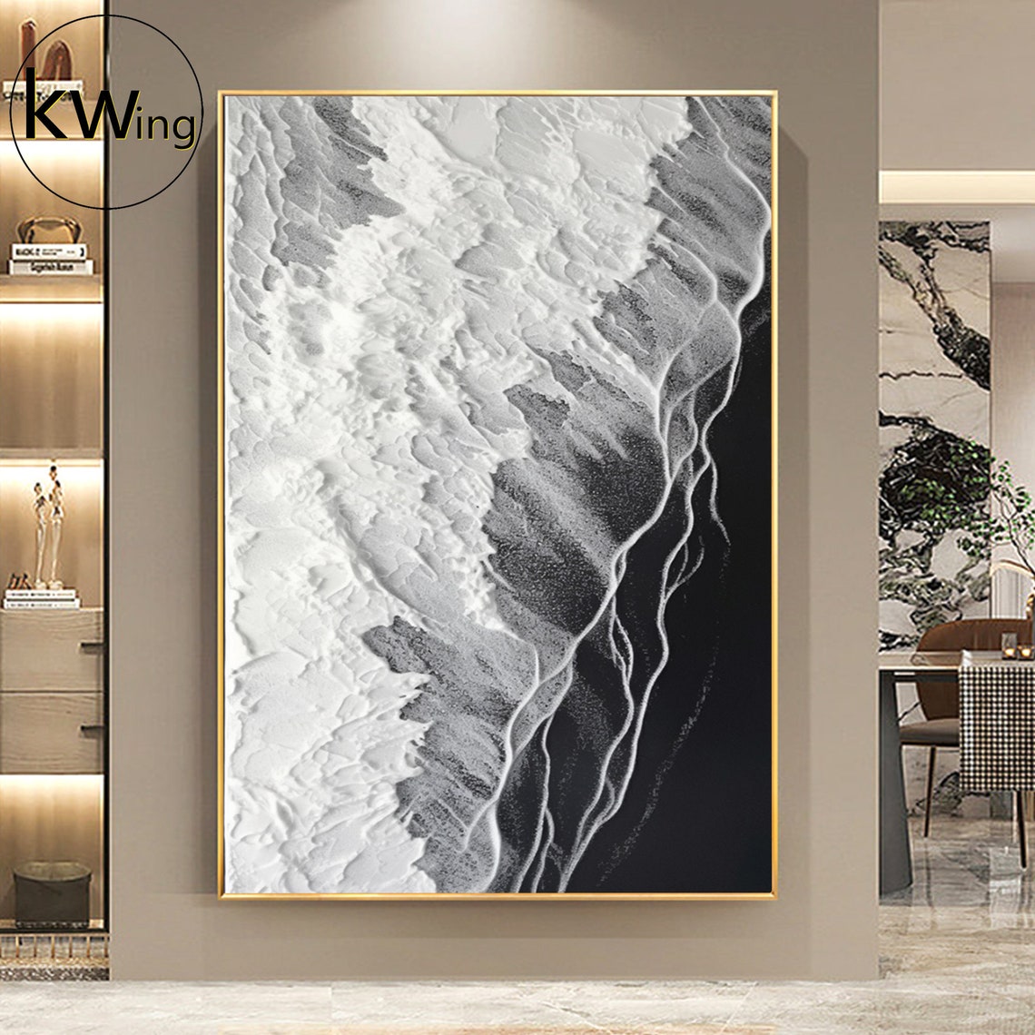 Black White Ocean Wave Aerial View 3D Texture Abstract Art Poster - Image 4