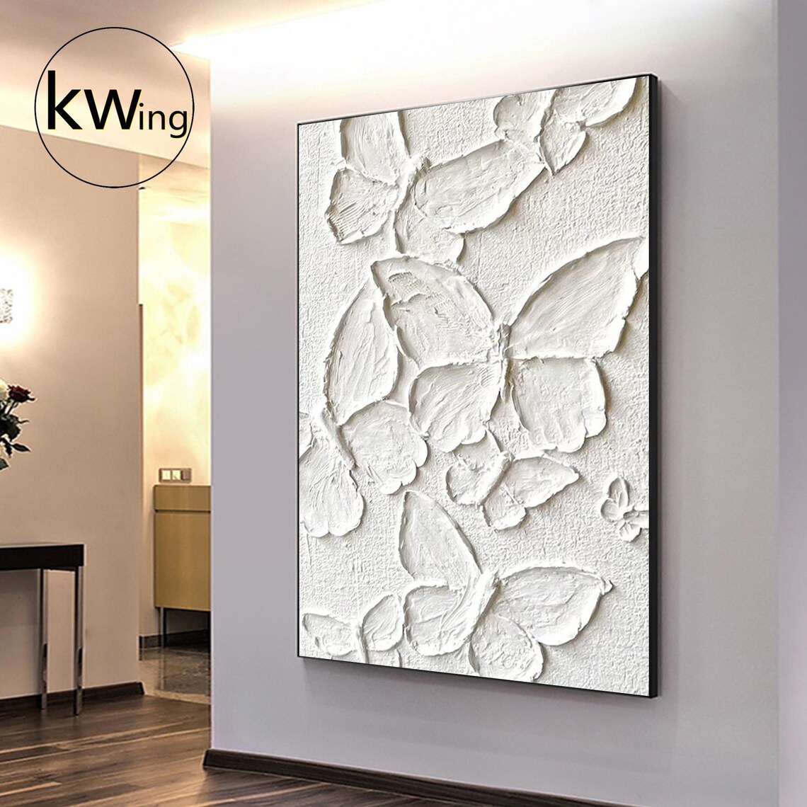 White 3D Butterfly Textured Abstract Painting Palette Knife Art Poster - Image 5