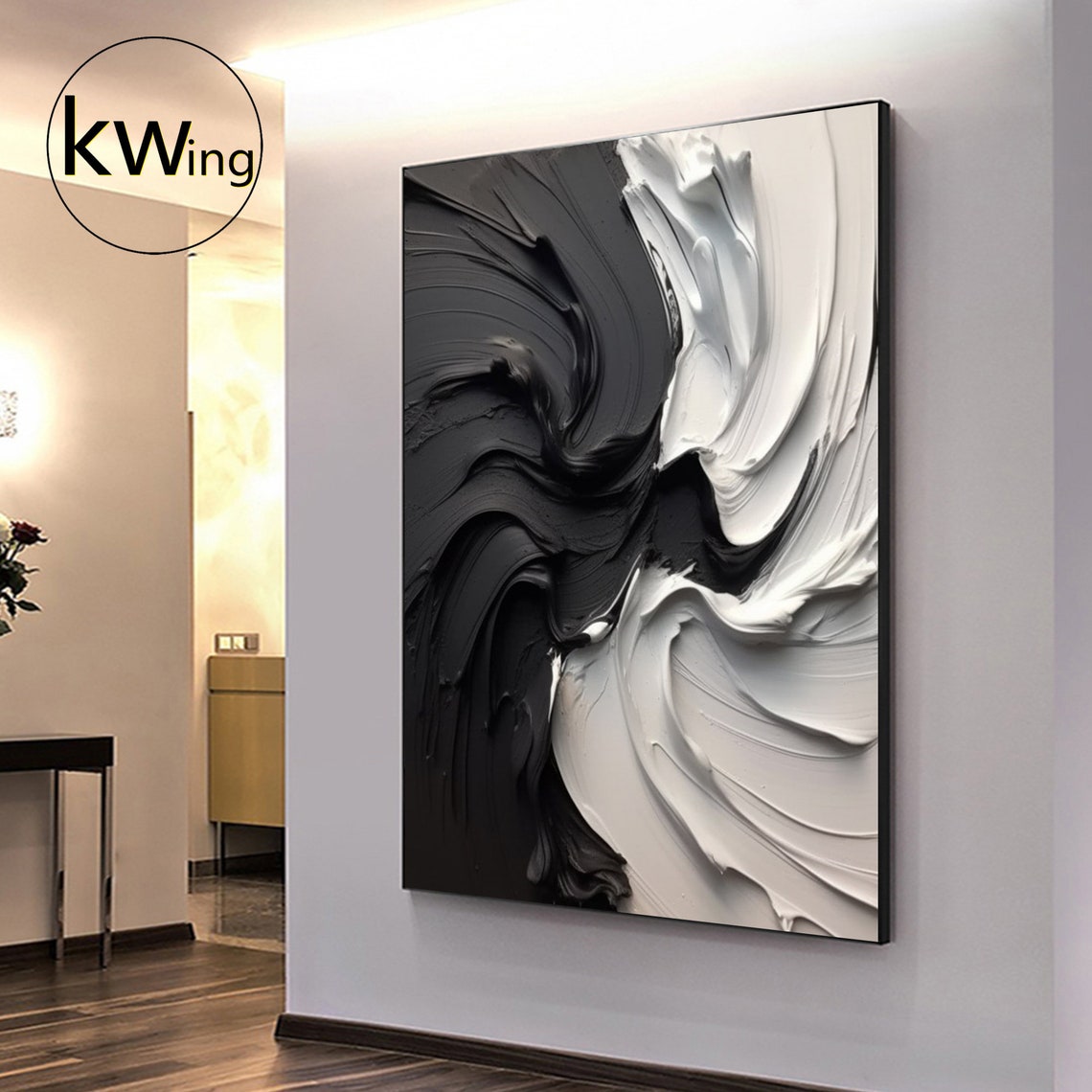 Black White Ribbon Waves Impasto Abstract Textured Flow Modern Poster - Image 4