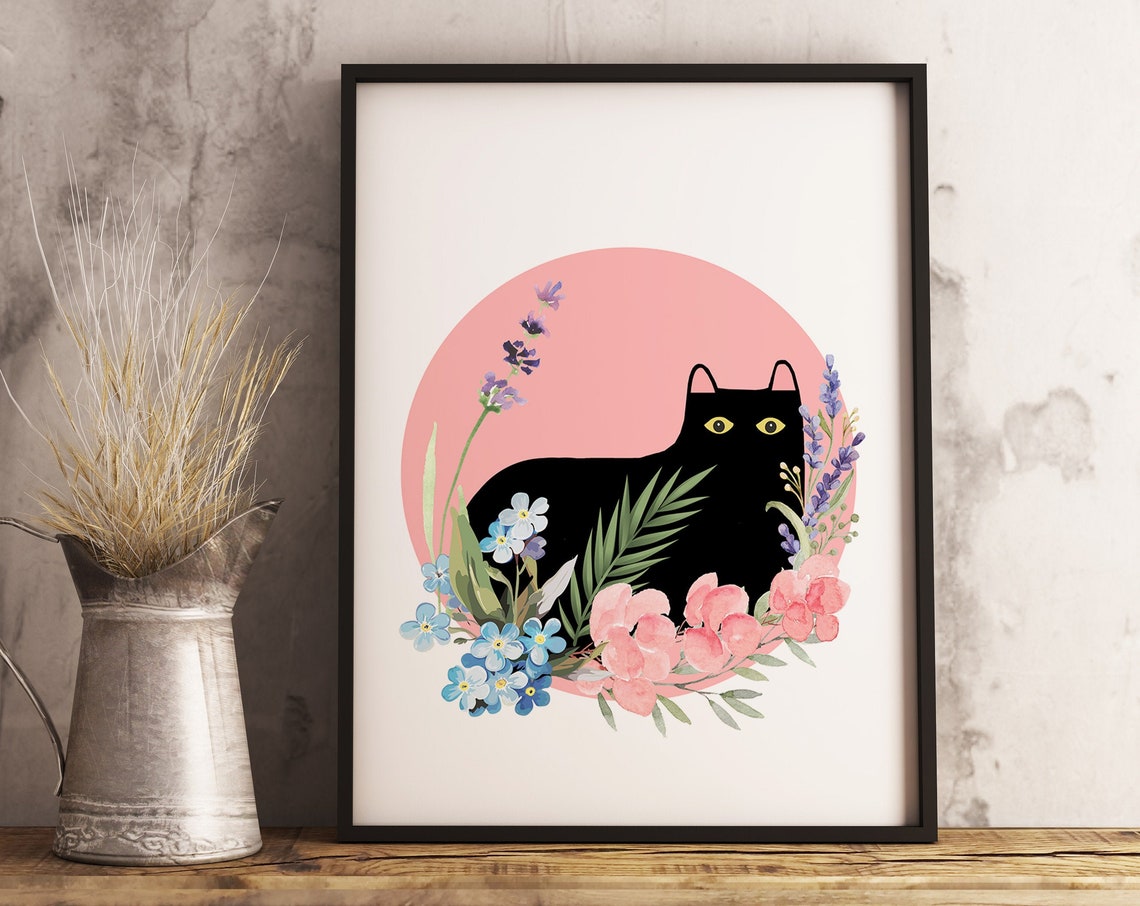 Black Cat Yellow Eyes Pink Floral Watercolor Botanical Poster - Image 3