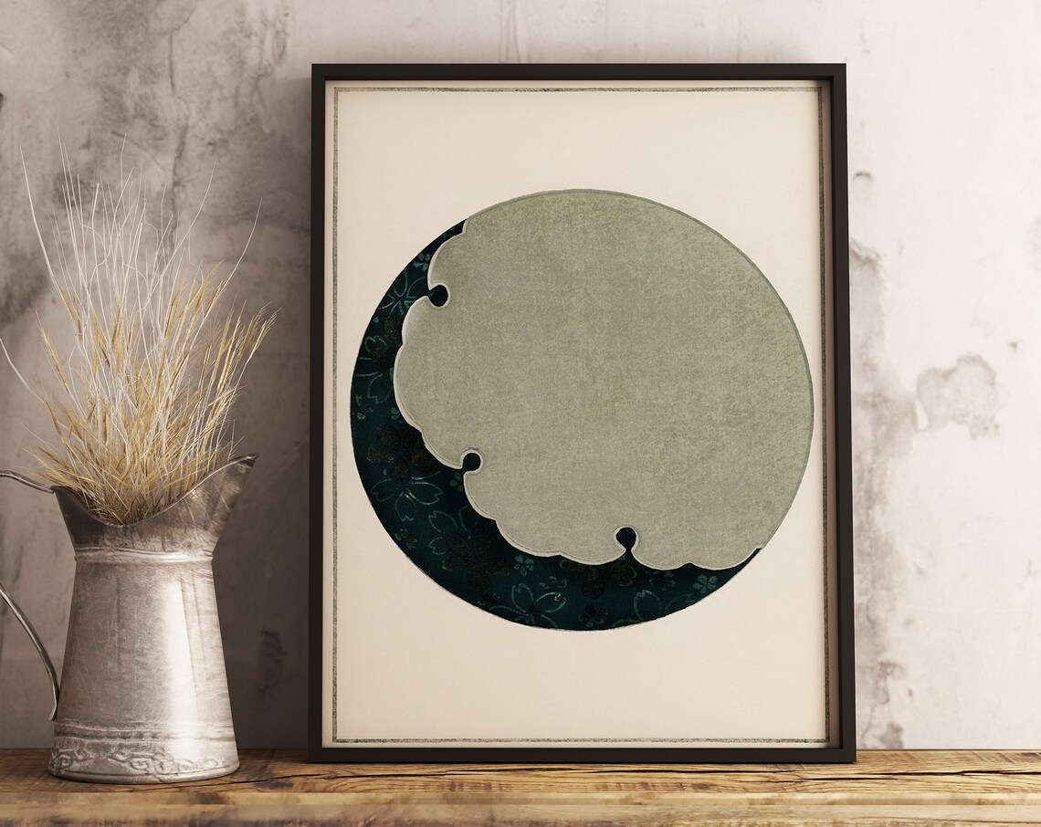 Abstract Japanese Moon Circle Over Teal Floral Woodblock Poster - Image 3