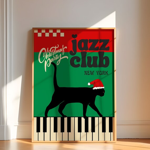 Jazz Club New York Christmas Party Cat Retro Typography Poster