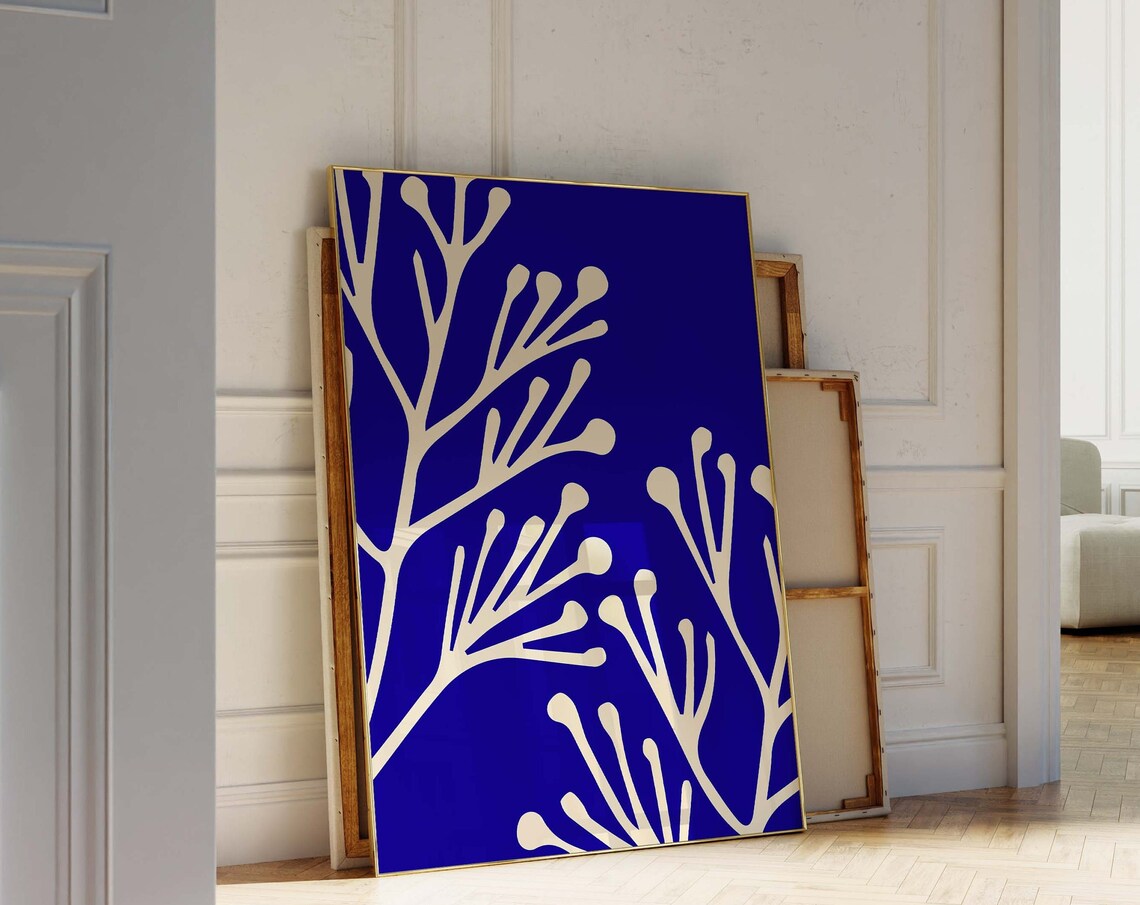 Royal Blue Minimalist Abstract Botanical Leaf Branches Poster