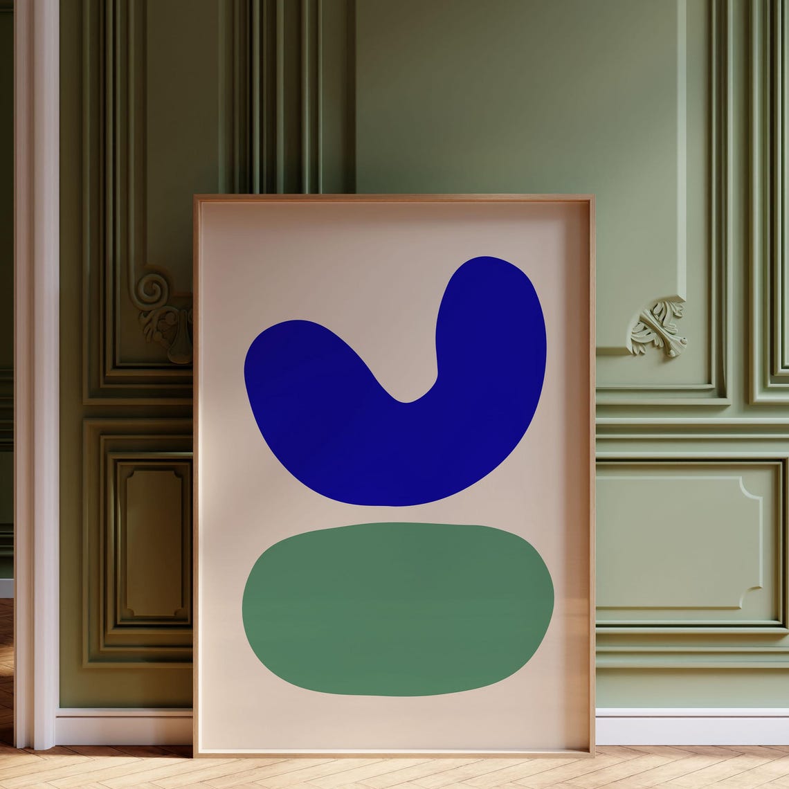 Abstract Organic Shape Wall Art in Royal Blue and Sage Green on Cream