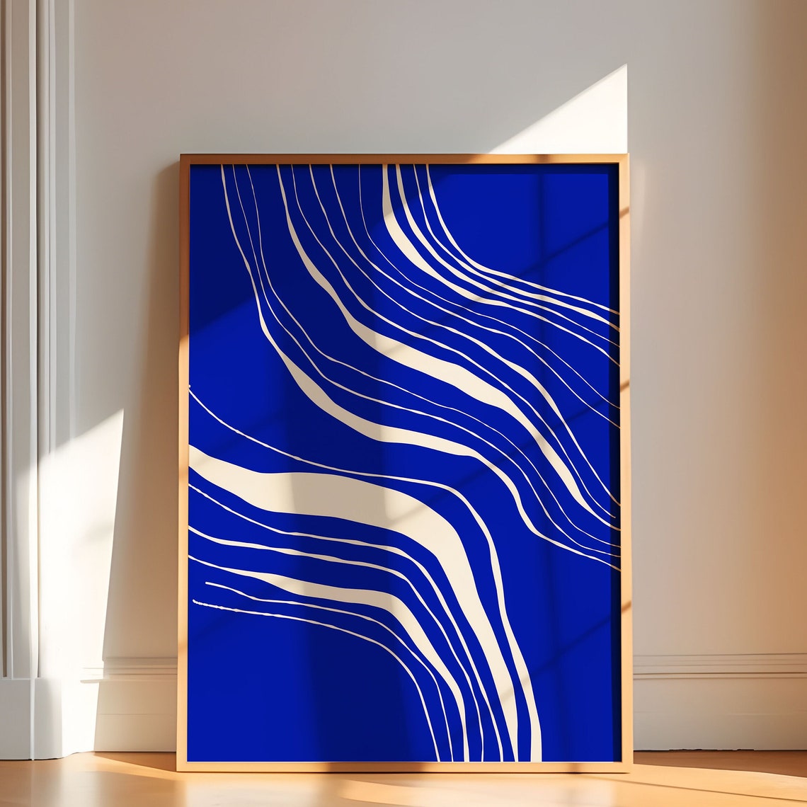 Royal Blue with Flowing White Lines Minimalist Abstract Poster