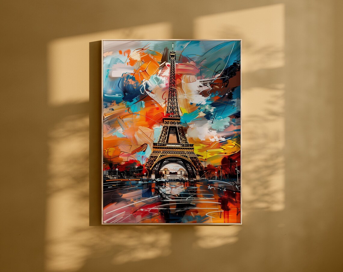Eiffel Tower in Bold Orange and Blue Abstract Painting Poster