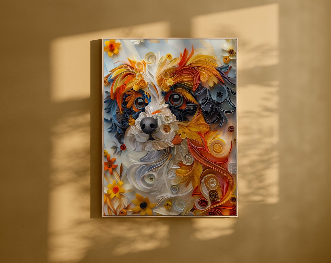 Swirling Paper Quilling Dog Portrait with Orange Bloom Poster