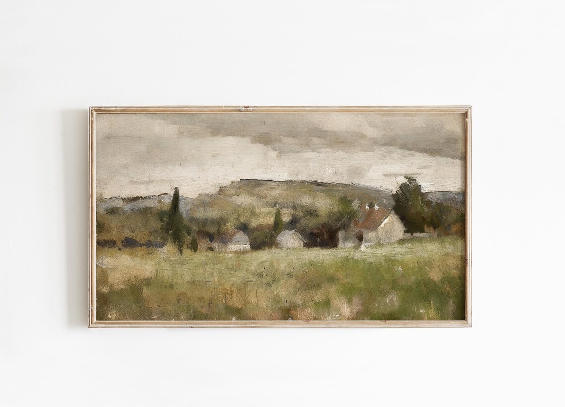 Vintage Spring Countryside Oil Painting Cottages Landscape Poster