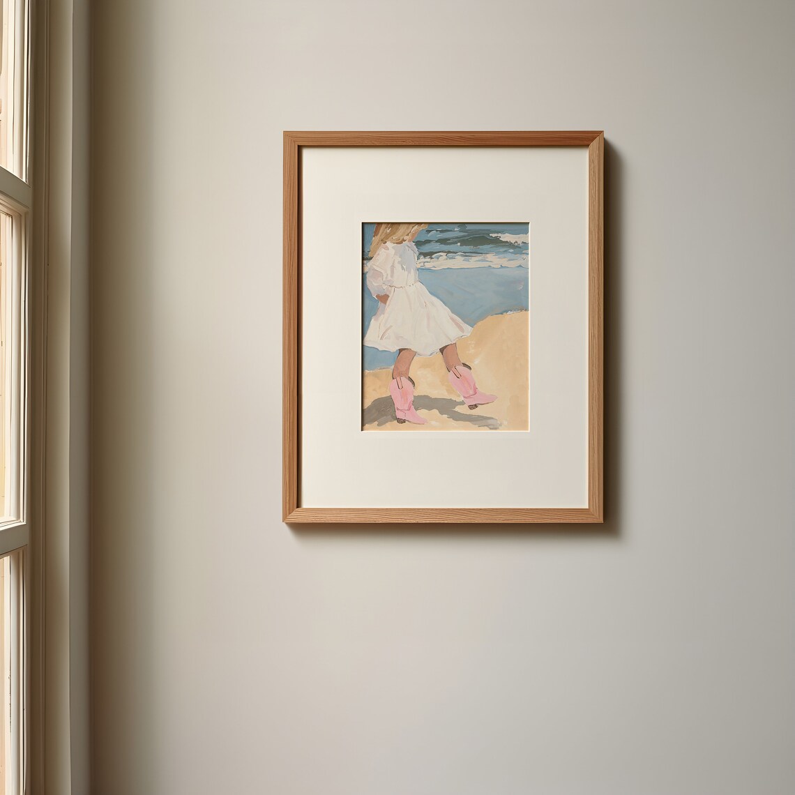 Girl in White Sundress with Pink Cowgirl Boots Beach Art Poster - Image 2