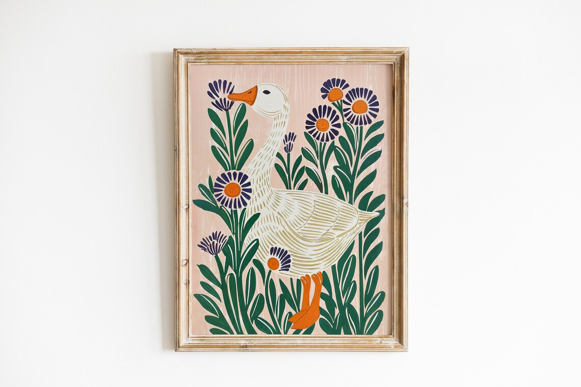 Whimsical Goose Folk Art Flowers Cottagecore Nursery Wall Poster - Image 2