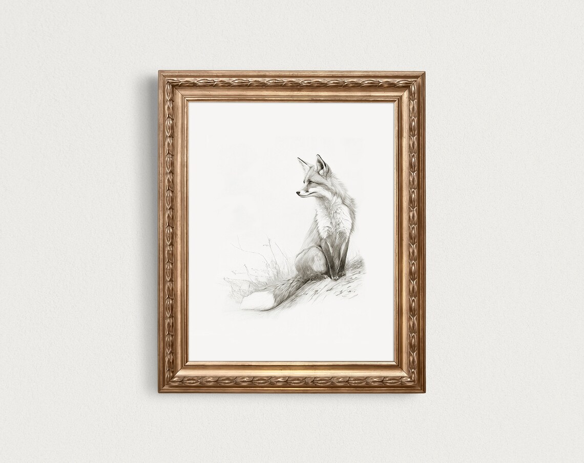 Minimalist Fox Sketch Woodland Animal Neutral Pencil Wall Art