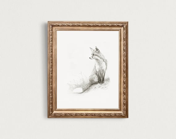 Minimalist Fox Sketch Woodland Animal Neutral Pencil Wall Art