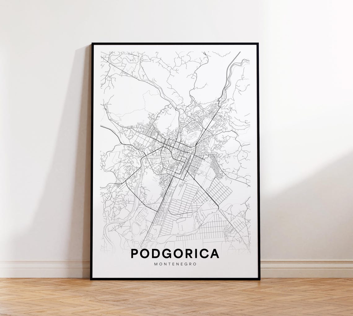 Podgorica Montenegro Minimalist Black White Street Map Poster