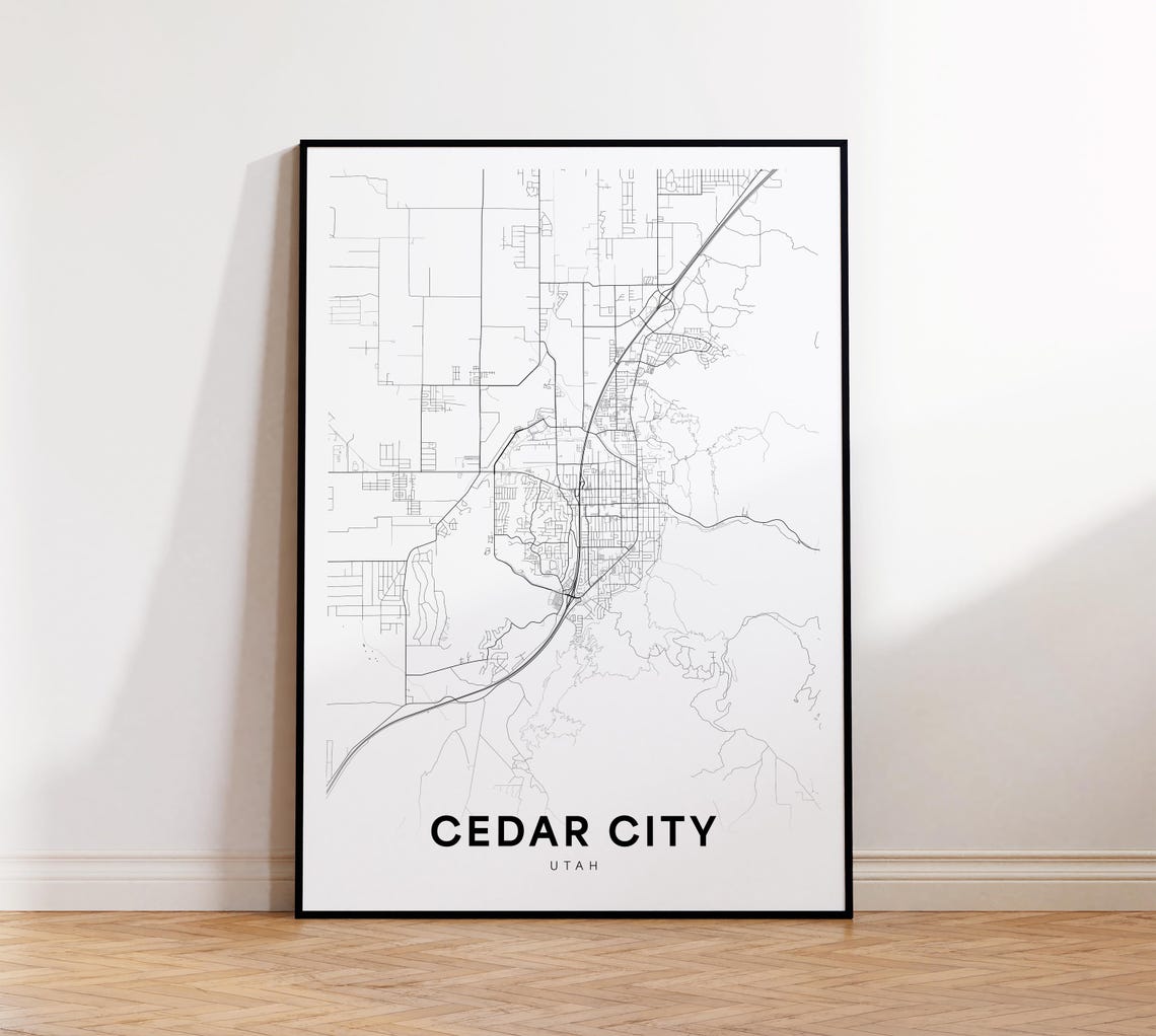 Cedar City Utah Minimalist Black and White Street Map Poster