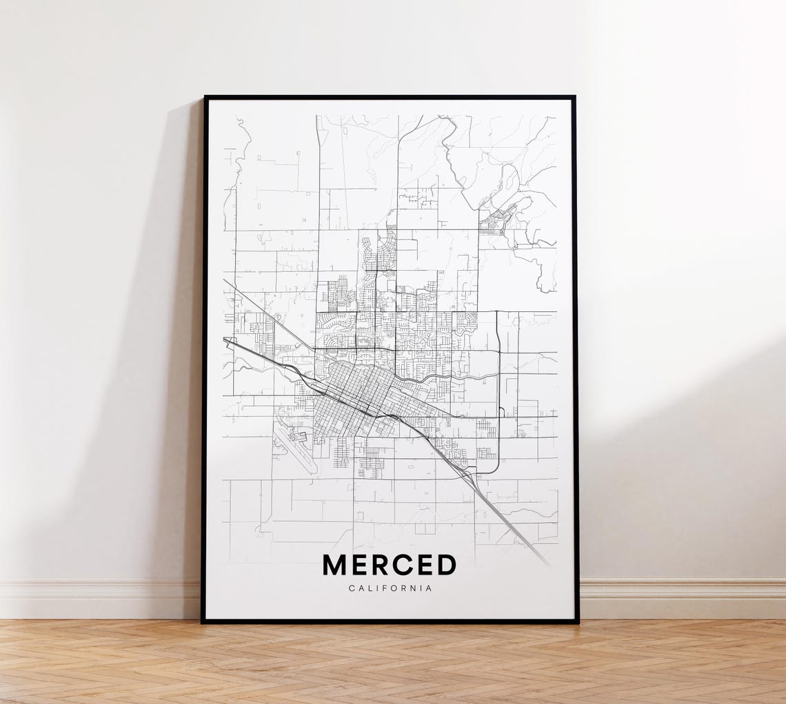 Merced California City Street Map Minimalist Black Line Art Poster