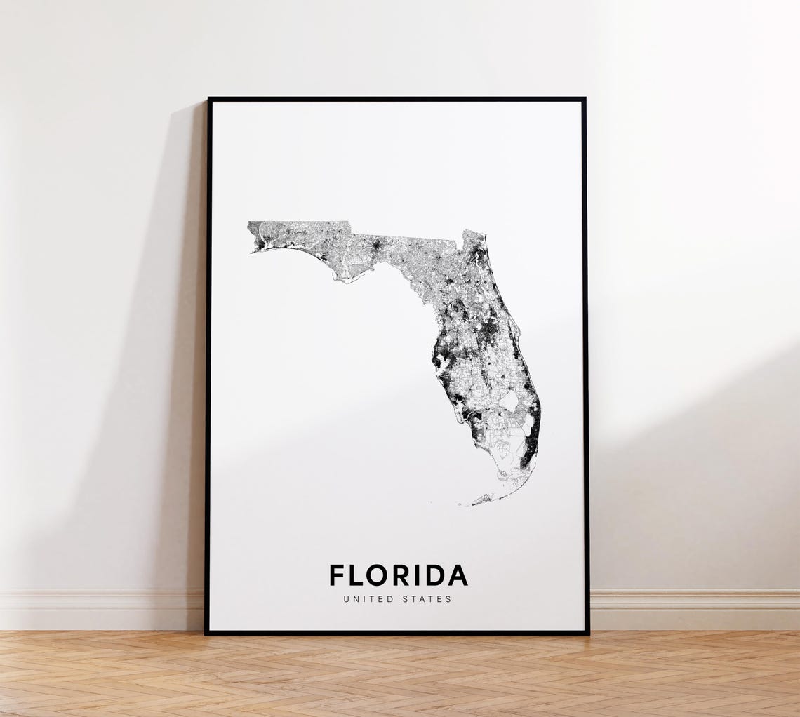 Florida Minimalist Black And White Road Map Poster United States