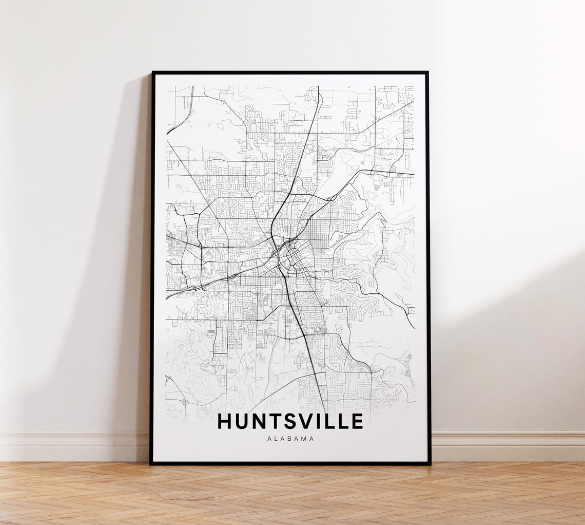 Huntsville Alabama City Street Map Minimalist Black And White Print