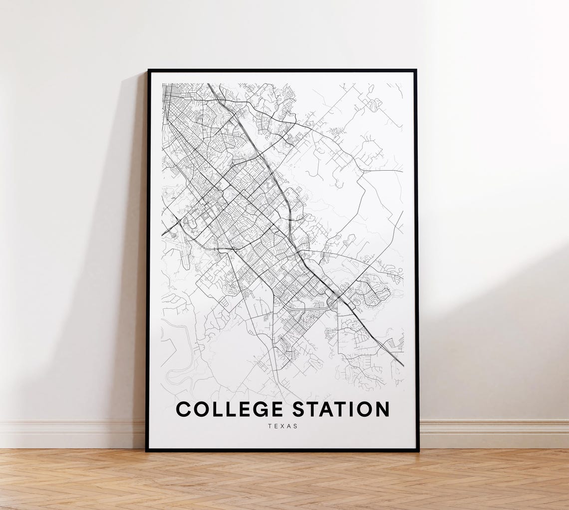 College Station City Map Print Street Poster Texas Art Road Wall Office