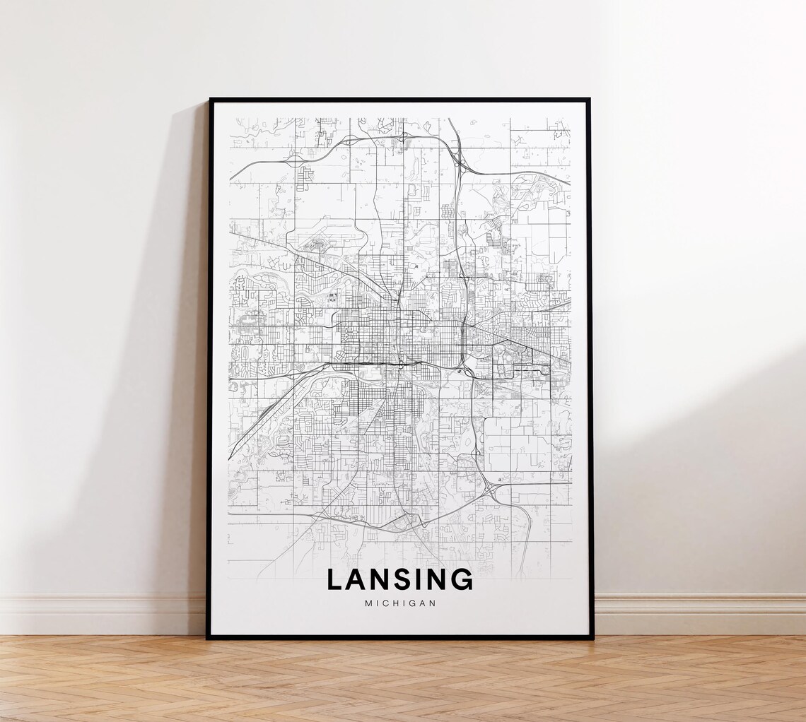 Lansing Michigan City Street Map Minimalist Monochrome Art Poster