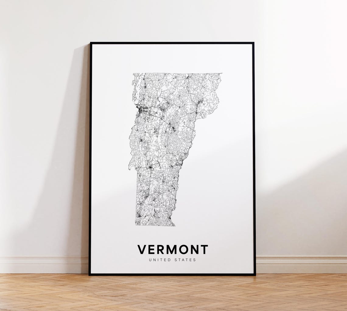Vermont State Road Map Minimalist Black Line Art Poster Design