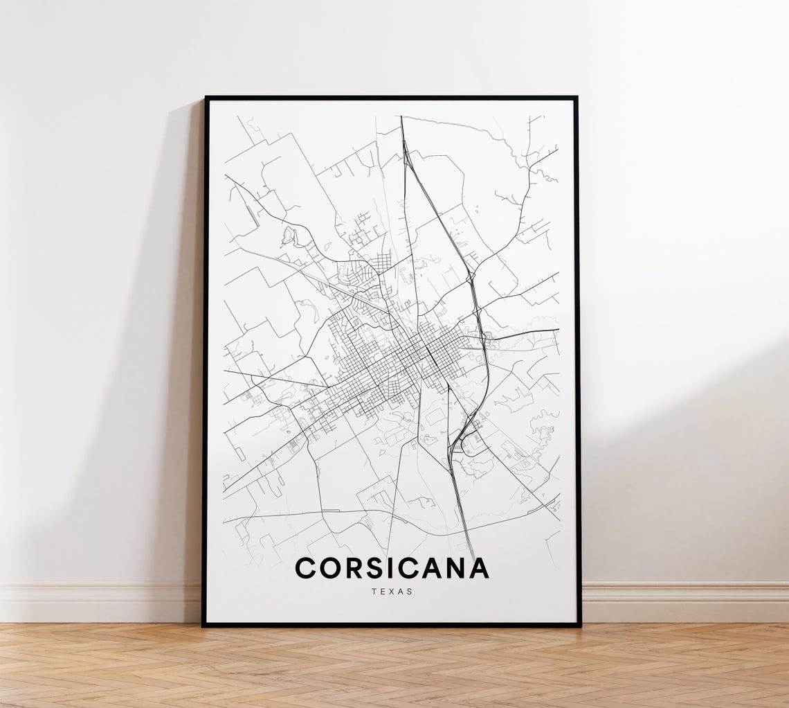 Corsicana Texas Minimalist Black and White City Map Street Poster