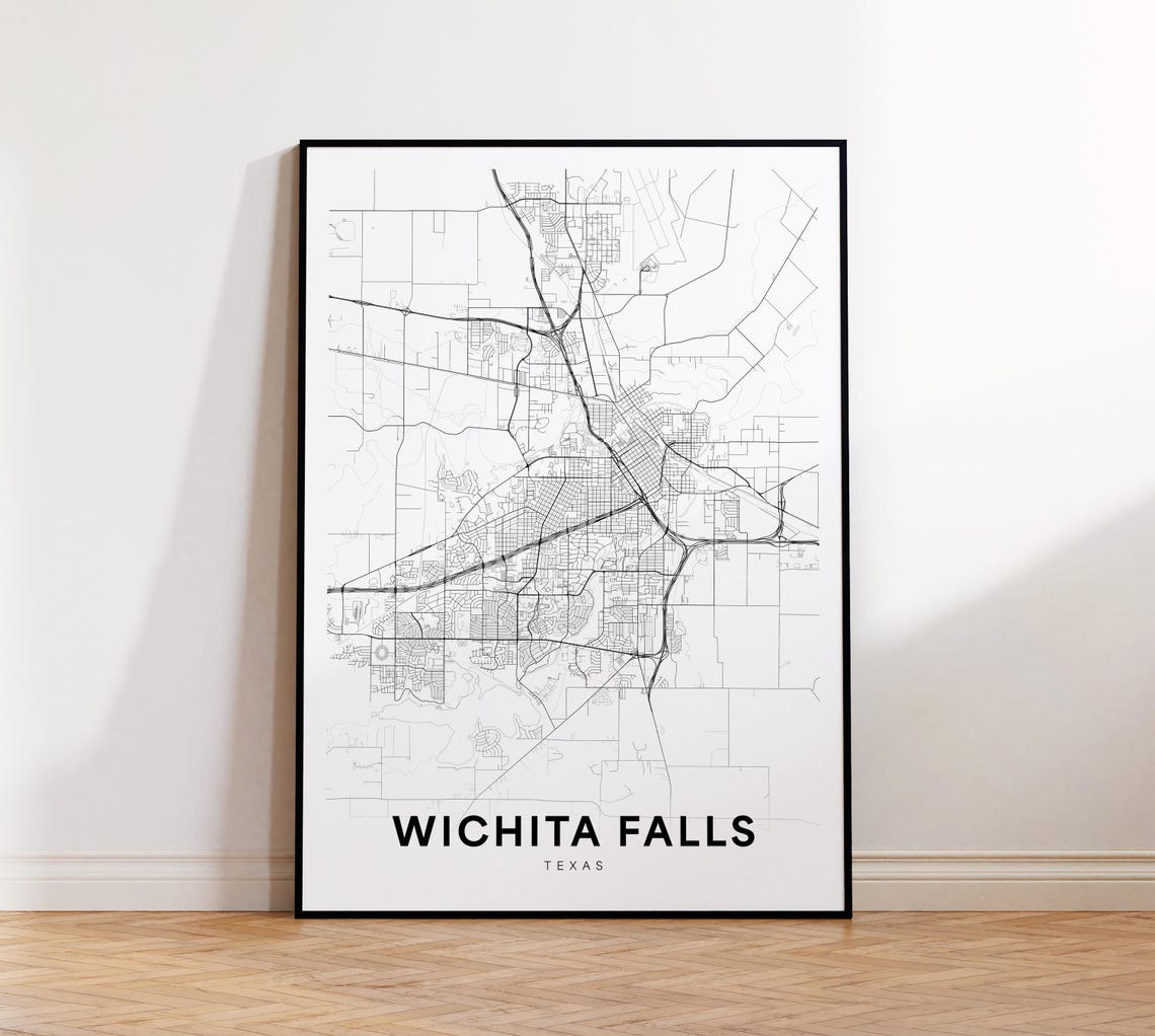 Wichita Falls City Map Print Street Poster Texas Art Road Wall Office