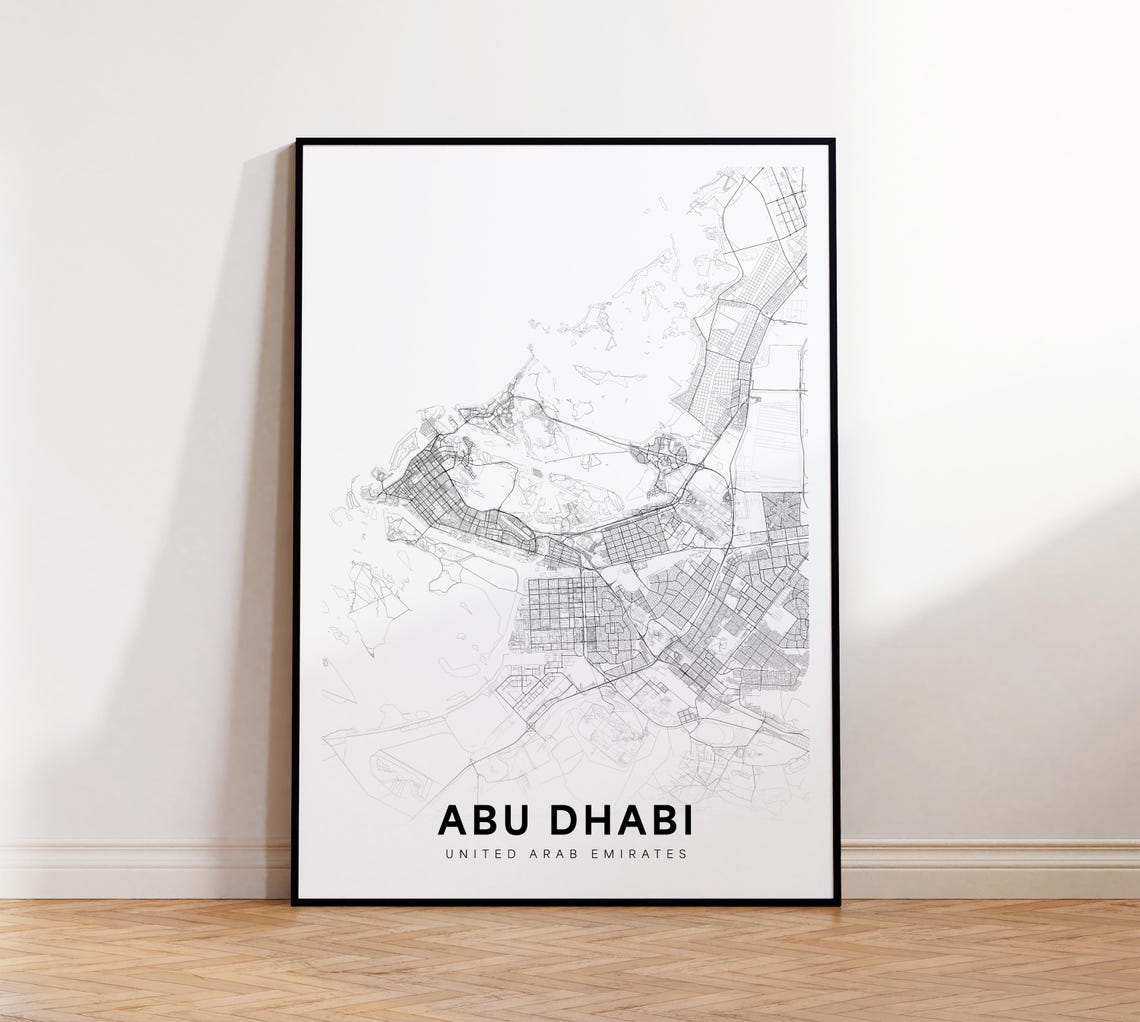 Abu Dhabi City Map Print Street Poster Uae Art Black And White Minimalist