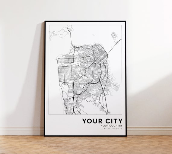 Custom City Map Hometown Street Print Any Town Minimalist Wall Art Home
