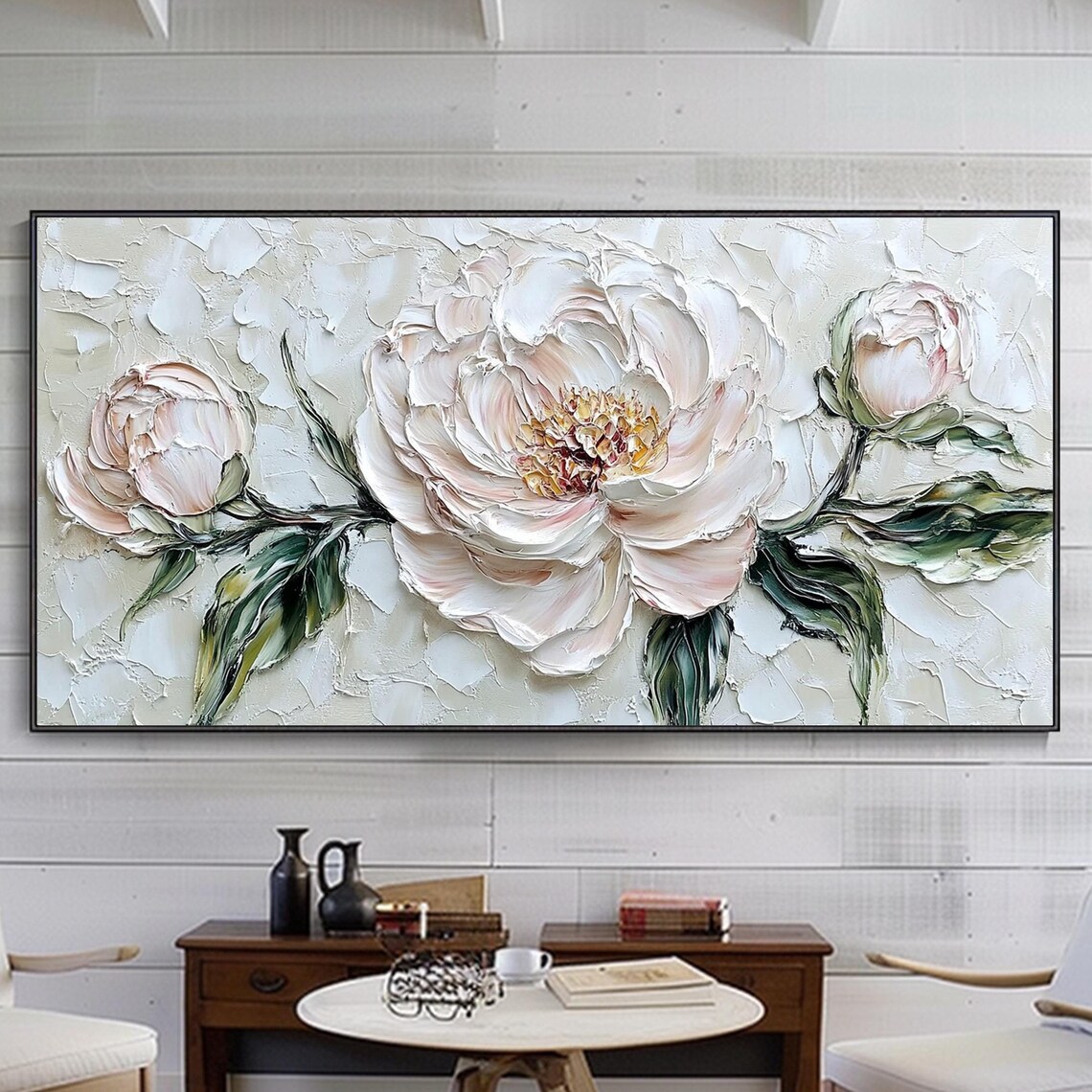 Large White Peony Blossom 3D Textured Impasto Floral Art Poster