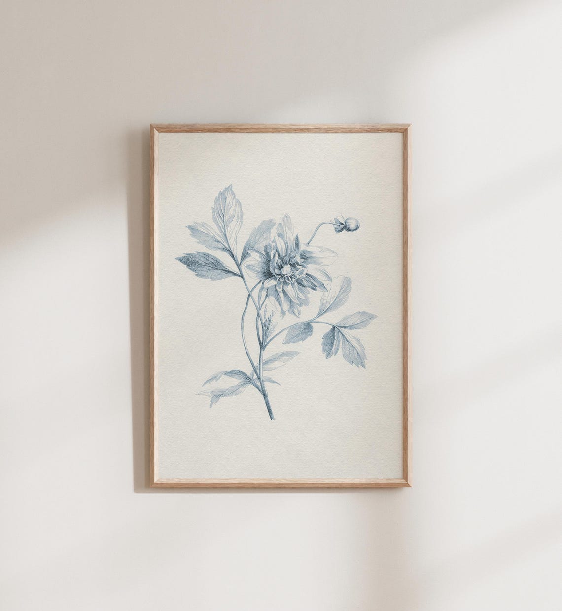 Vintage Cream Blue Botanical Engraving Dahlia Flower Wall Art - Image 4