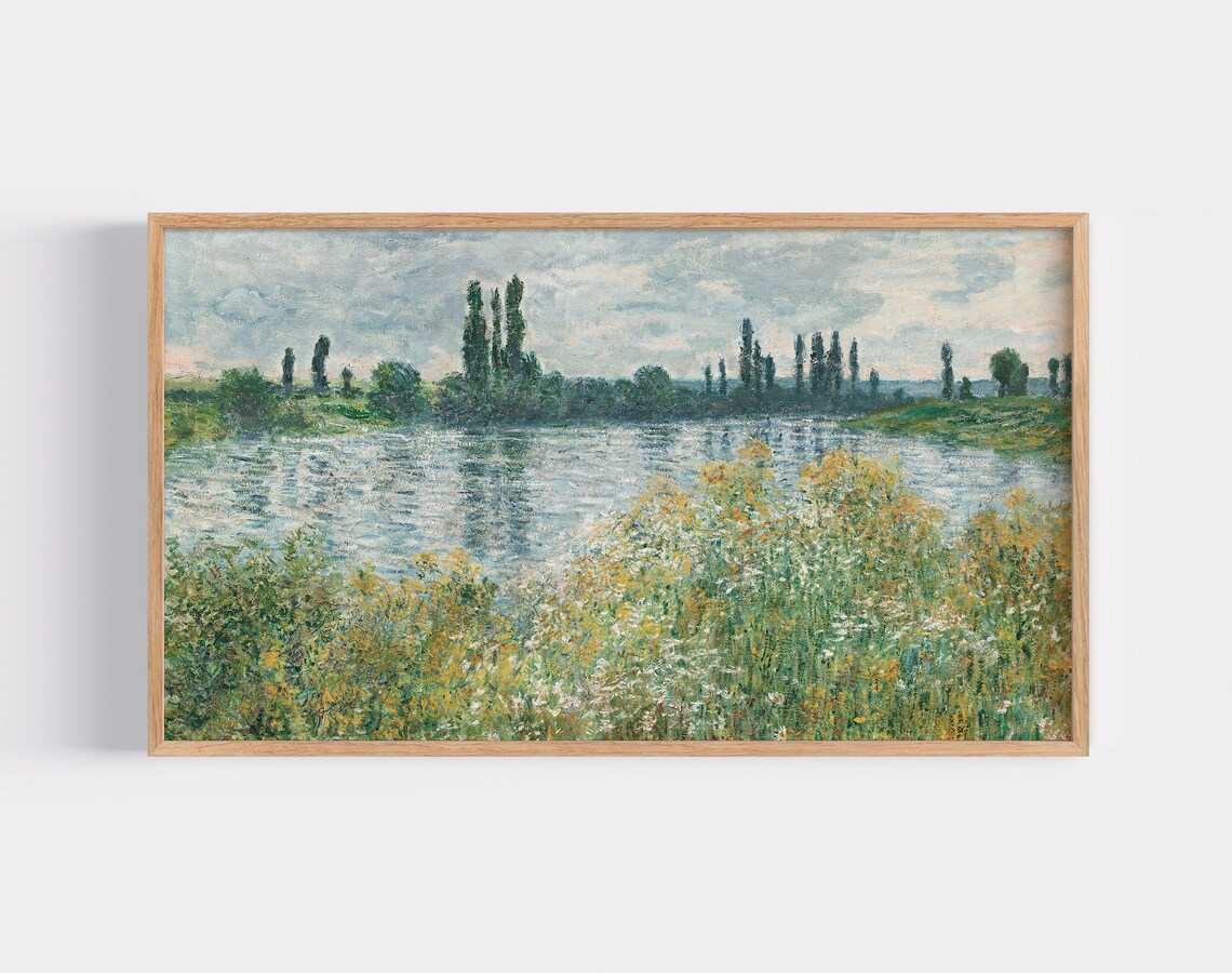 Impressionist River Landscape Wildflowers Poplar Trees Art Poster