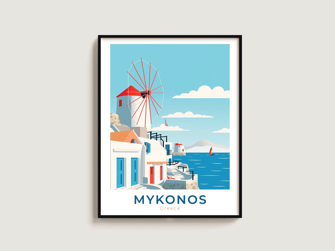 Mykonos Greece Iconic Windmill Whitewashed Village Travel Poster