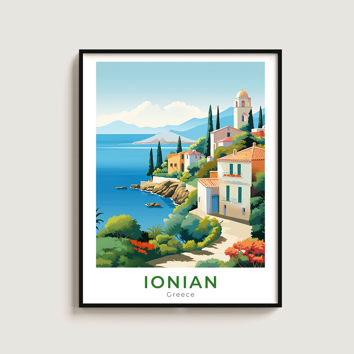 Ionian Greece Coastal Village Church Cypress Sea View Travel Poster