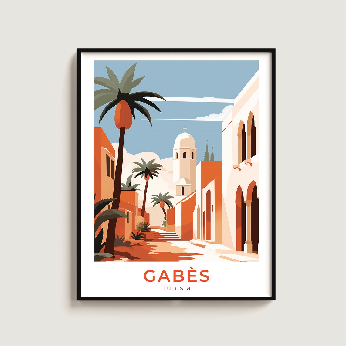 Gabes Tunisia Palm Lined Old Town Street Vintage Travel Poster