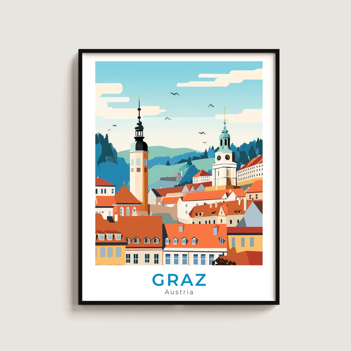 Graz Austria Old Town Rooftops Sunny Morning Vintage Travel Poster