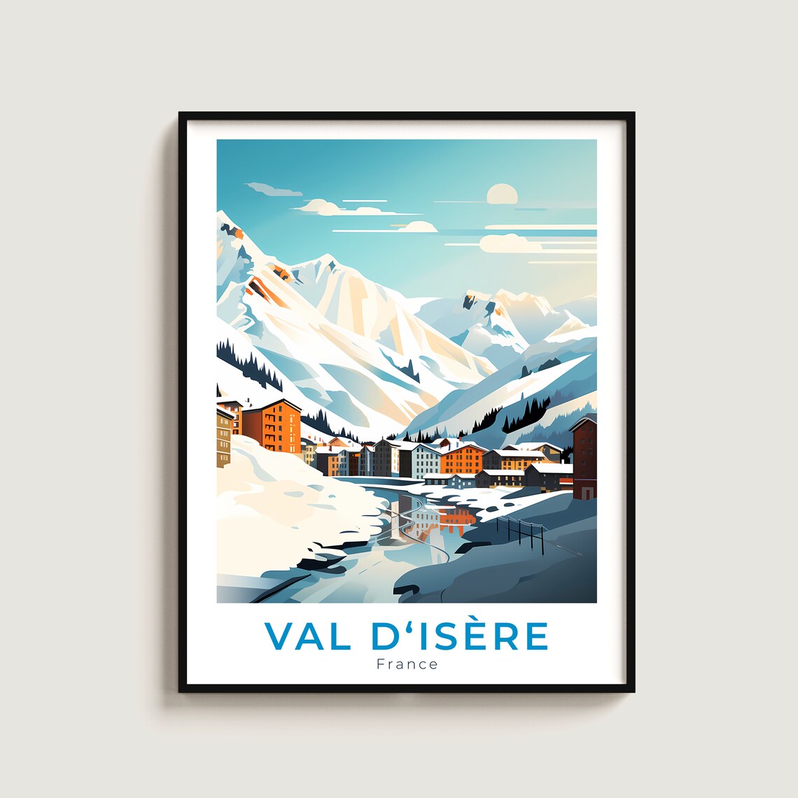 Val d'Isère France Moonlit River Village Snowy Peaks Travel Poster