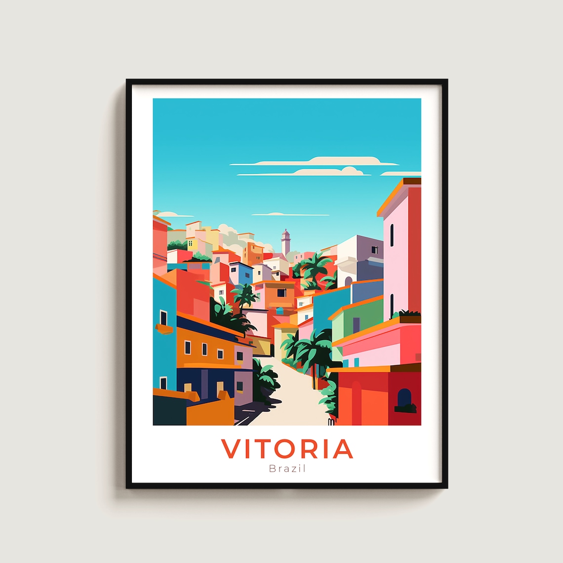 Vitoria Brazil Colorful Hillside Town Palm Trees Retro Travel Poster
