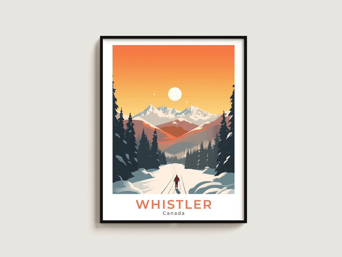 Whistler Canada Sunset Lone Skier Groomed Trail Pine Travel Poster
