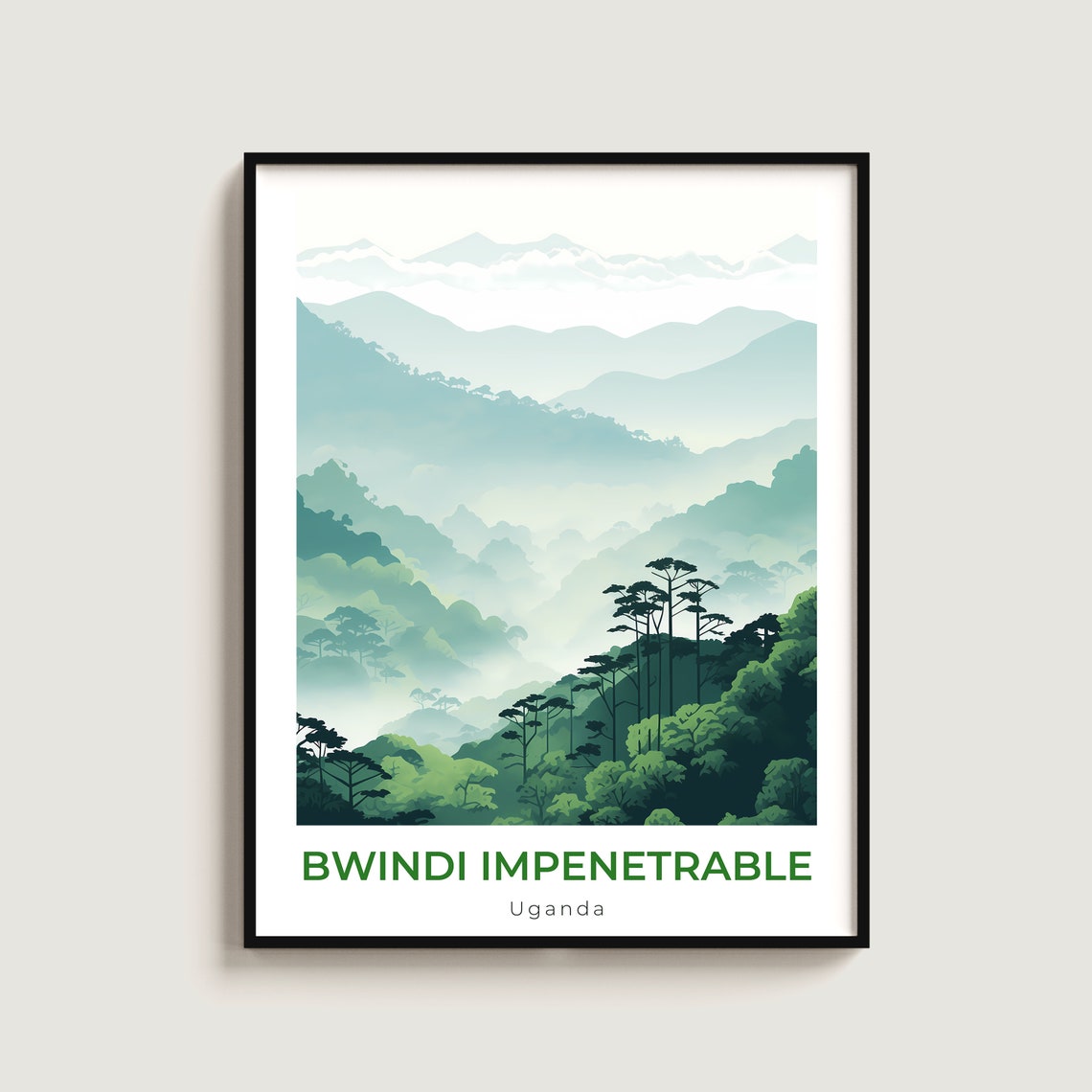 Bwindi Impenetrable Uganda Travel Poster for Misty Forest Nature Decor