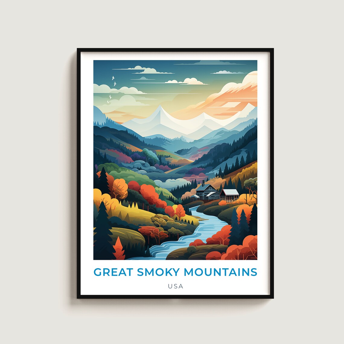 Great Smoky Mountains USA Autumn Valley Cabin River Scene Poster