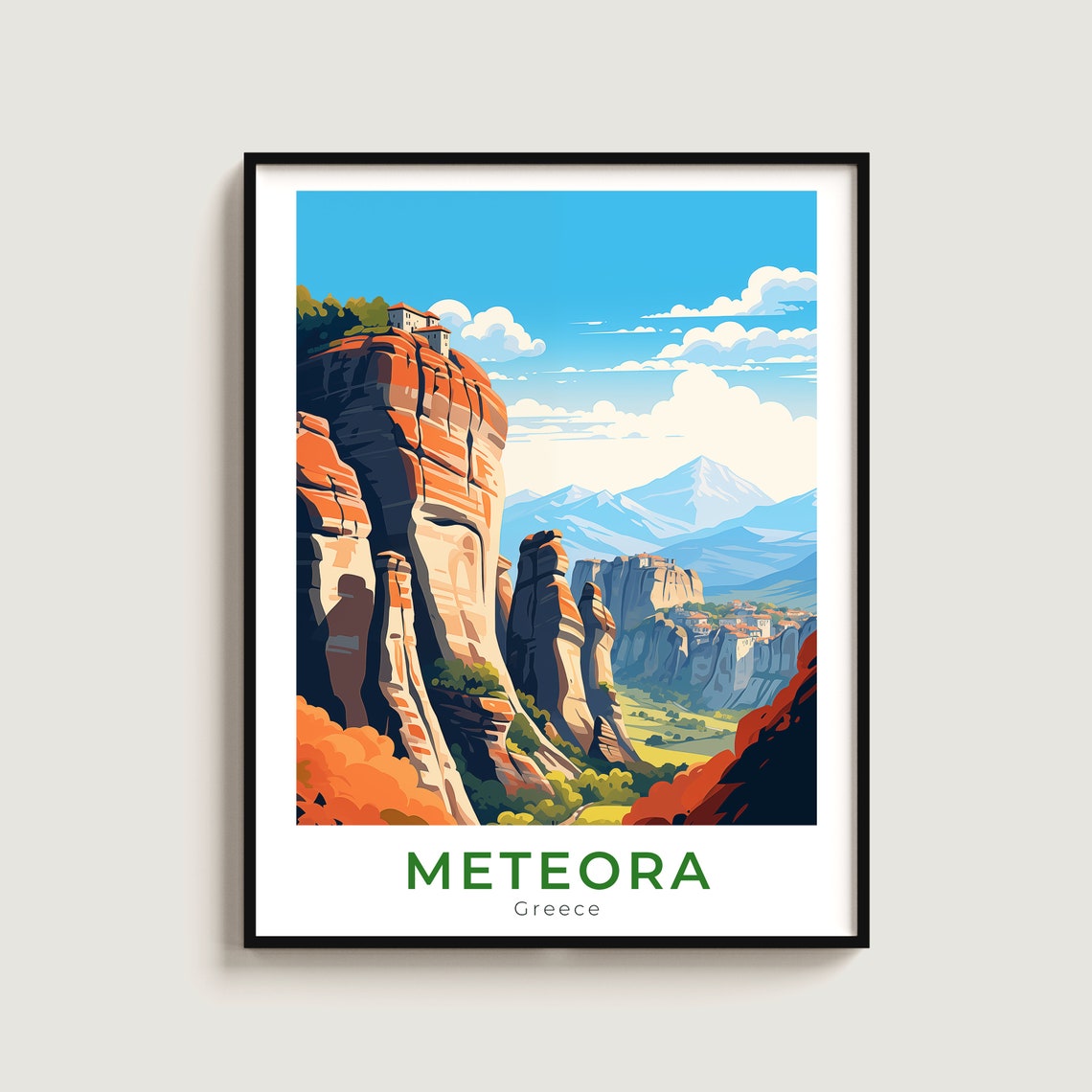 Meteora Greece Cliff Monastery Rock Pillars Vintage Travel Poster