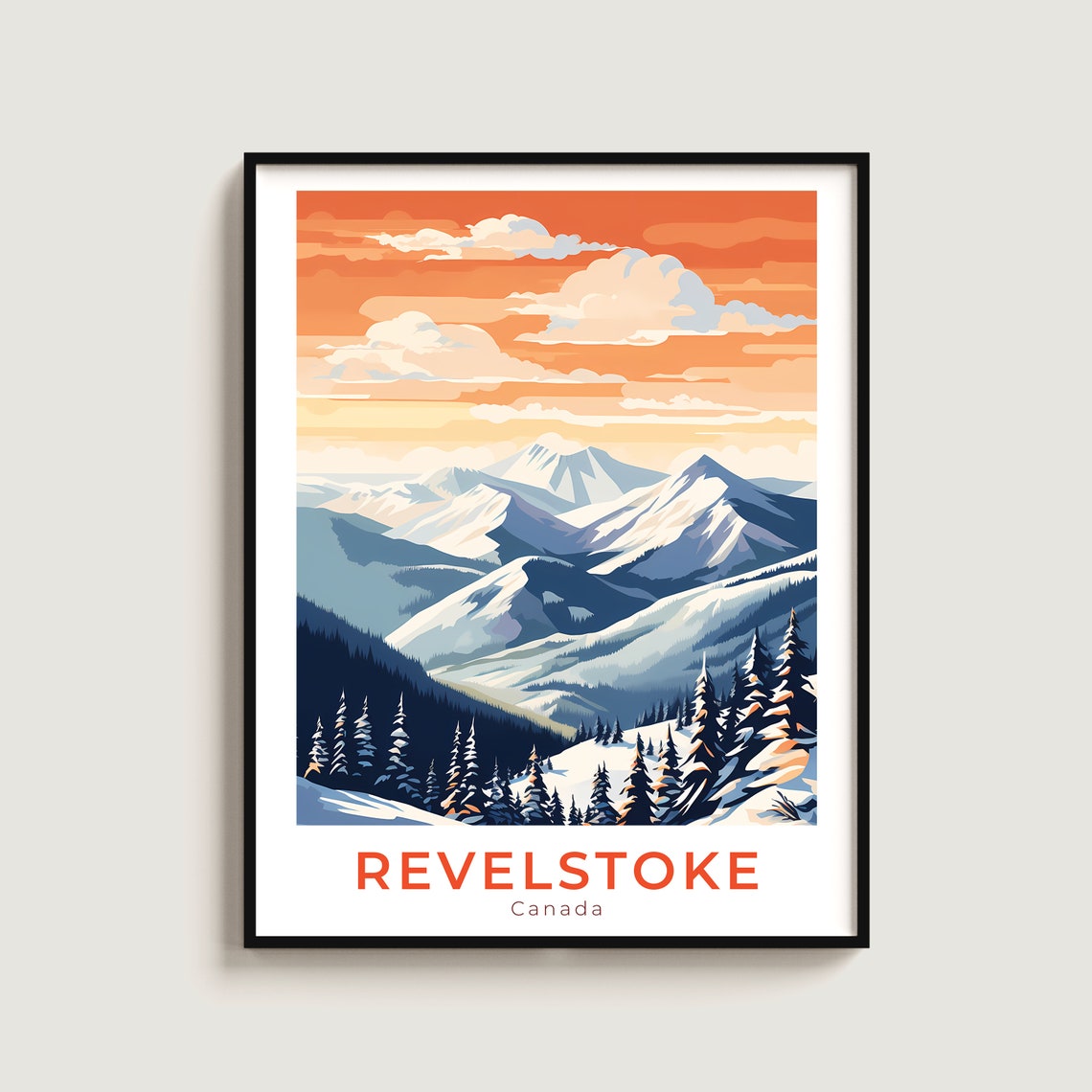 Revelstoke Canada Orange Sunset Sky Mountain Peaks Pine Ski Poster