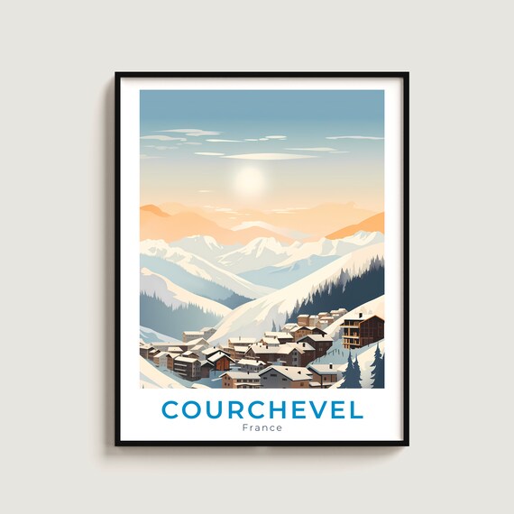 Courchevel France Sunset Village Panorama Snowy Mountains Travel Poster