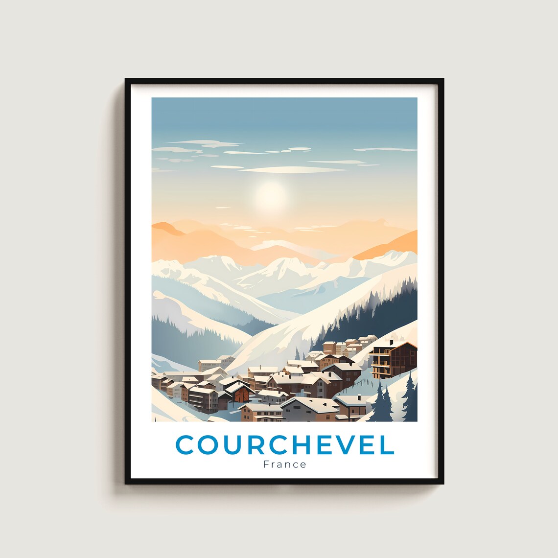 Courchevel France Sunset Village Panorama Snowy Mountains Travel Poster