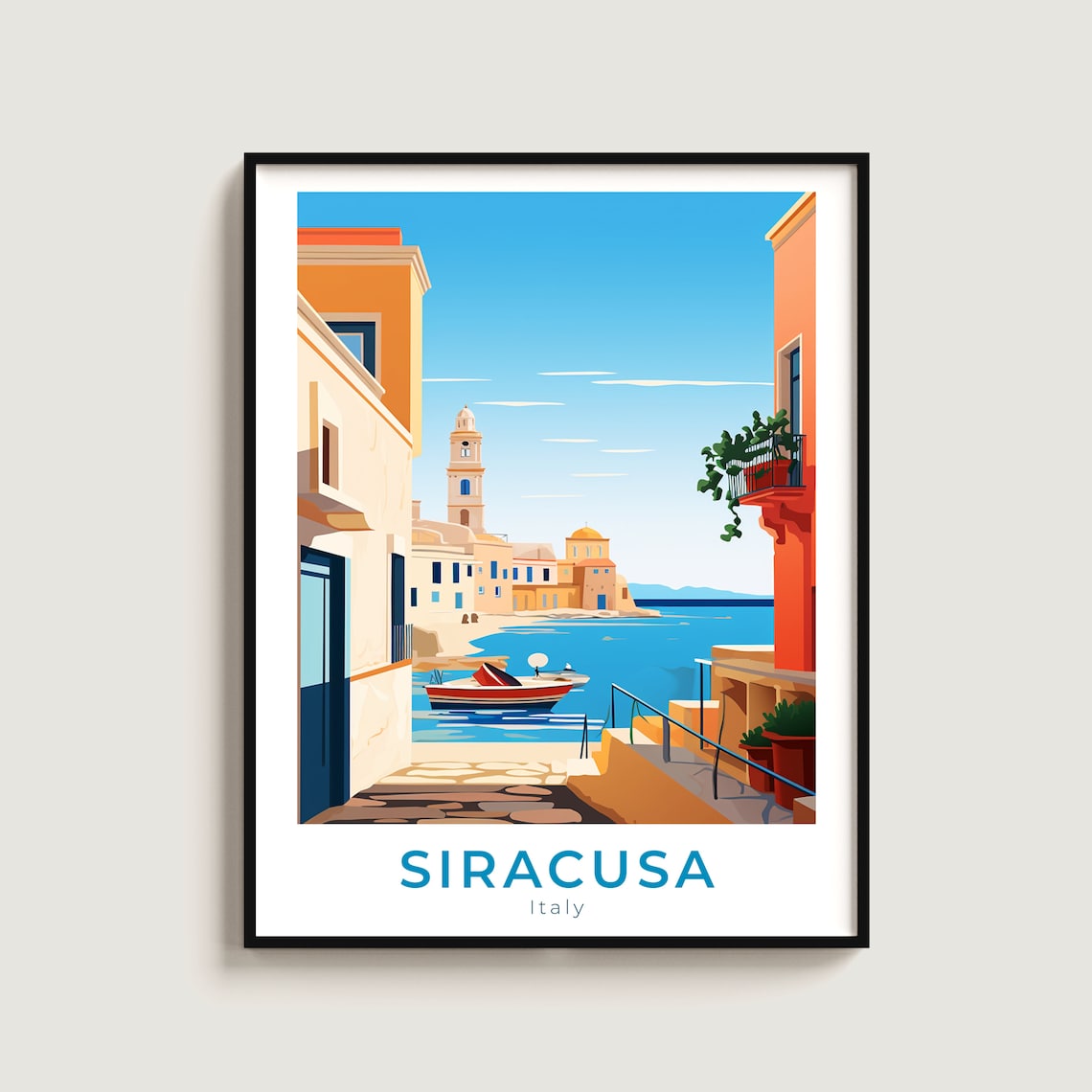 Siracusa Italy Sicily Coastal Town Fishing Boat Harbor Poster