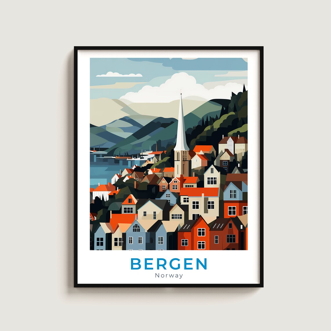 Bergen Norway Hillside Old Town Fjord View Vintage Travel Poster