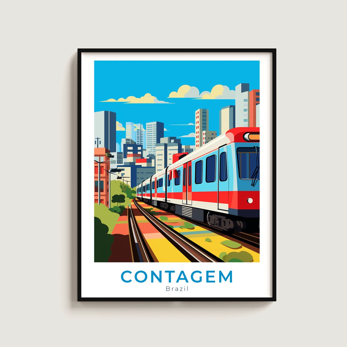 Contagem Brazil Metro Train Through Modern City Skyline Travel Poster