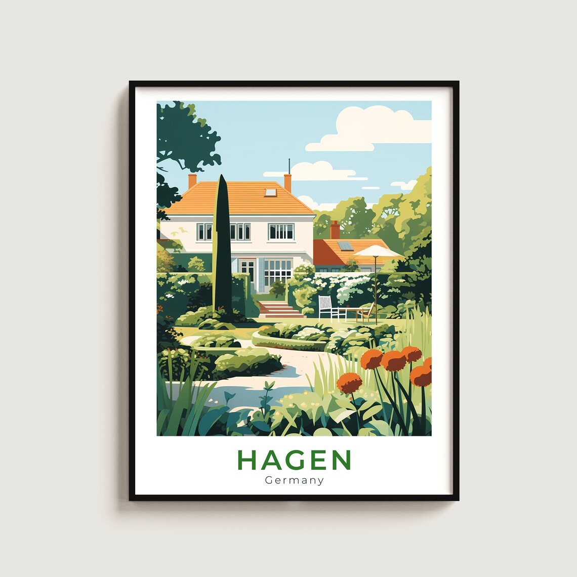 Hagen Germany Flower Garden House Orange Blooms Cottage Travel Poster